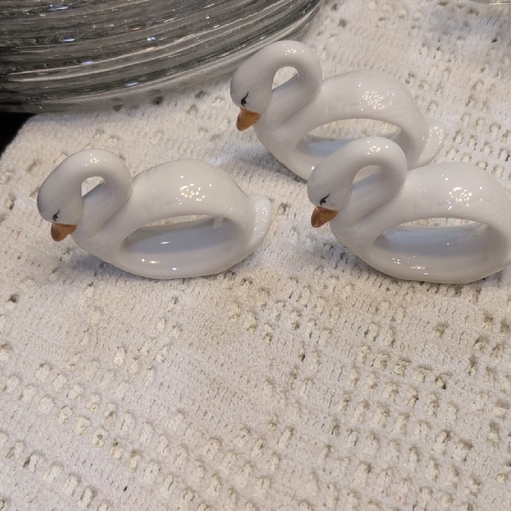 Ceramic Swan Napkin Rings - Set of 3 - White with Gold Colored Beaks